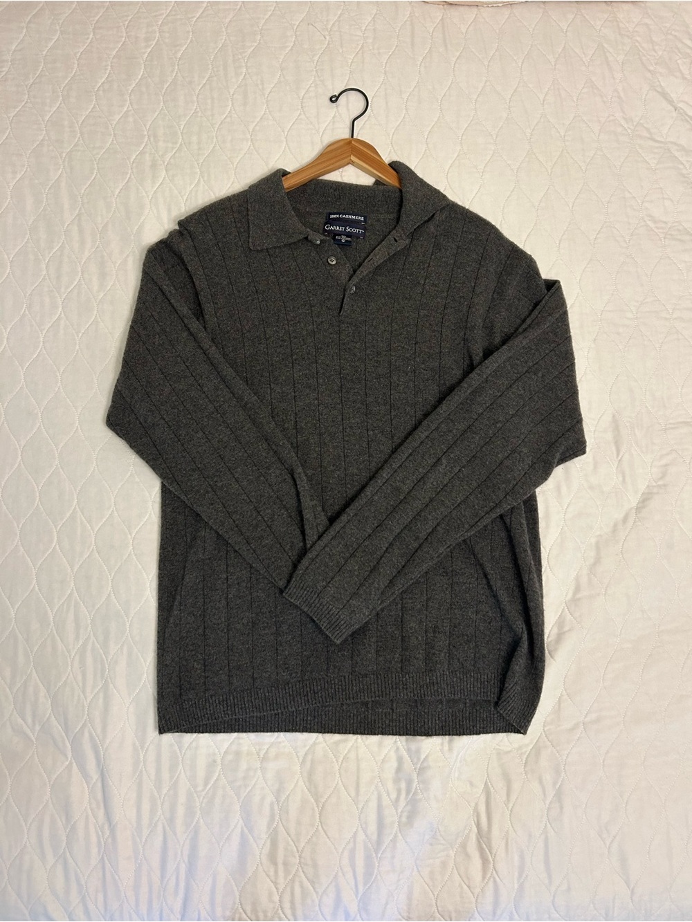 Men's Dark Gray Ribbed V-Neck Polo Sweater